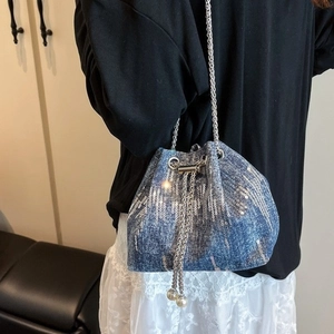 Women Fashion Denim Sequin Bucket Bag with Artificial Pearl Drawstring Silver Chain Shoulder Crossbody Bag Casual Street Styling Bag