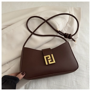 Detailed macro of dark brown leather shoulder bag featuring a gold geometric metal buckle