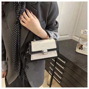 Détail d'un sac à main tissé crème avec bordure en cuir noir et fermoir métallique