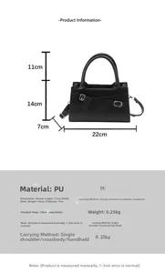 Size guide for PU leather handbag showing dimensions 22x14x7cm and adjustable strap detail
