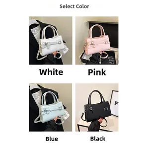 Collage of chic bow square bags in white, pink, blue, and black color options