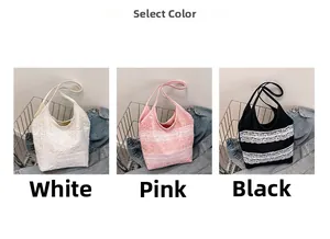 Sac fourre-tout en dentelle blanche rose et noire avec grande capacité et motif floral