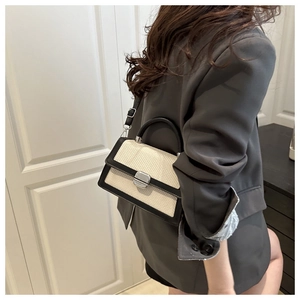 Détail du sac à bandoulière tissé bicolore avec fermoir argenté porté sur un blazer gris