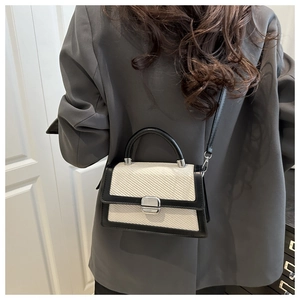 Détail du sac à main tissé bicolore avec bandoulière en cuir noir et boucle argentée