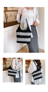Vue détaillée du sac cabas noir avec bandes de dentelle florale blanche et bandoulière