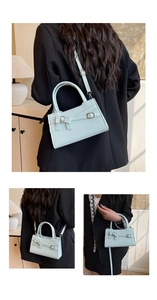 Detailed views of light blue crossbody bag with bow buckle and detachable strap