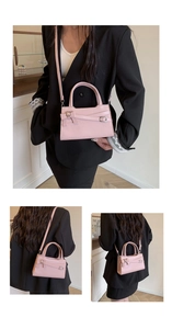 Detailed views of a pink bow handbag showing hand-carry and shoulder-strap styling modes
