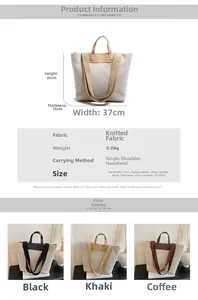 Detailed size chart and multi-color options for the large knit tote bag with dimensions