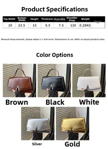 Detailed size chart and multi-color selection for crocodile pattern leather handbags