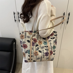 Chic floral canvas tote bag with leather straps and large capacity for women