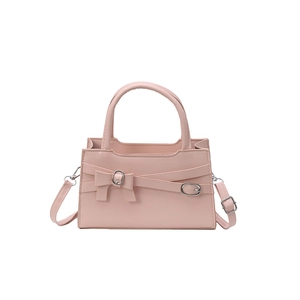 Pink bow square handbag in matte leather with silver buckle and detachable shoulder strap