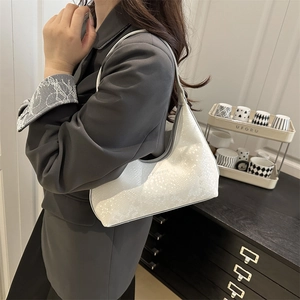 Chic white snake-skin pattern crescent shoulder bag for women with elegant fashion text