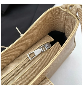 Macro detail of beige woven handbag with silver metal zipper and premium leather trim