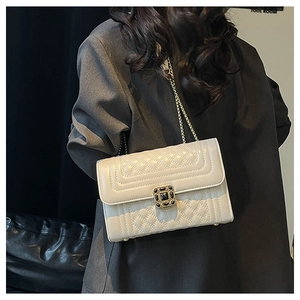 Detailed close-up of quilted beige crossbody bag with gold chain and gem buckle