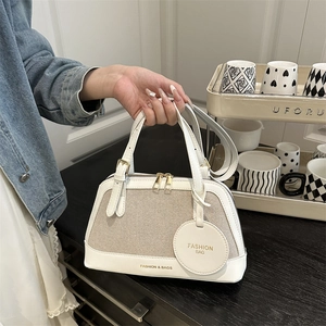 Women Retro Canvas PU Leather Stitching Shoulder Bag Fashion Tote Shell Bag With Circular Pendant Large Capacity Underarm Bag