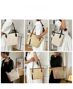 Collage of large straw tote bags with colorful leather handles and stylish fringe tassels