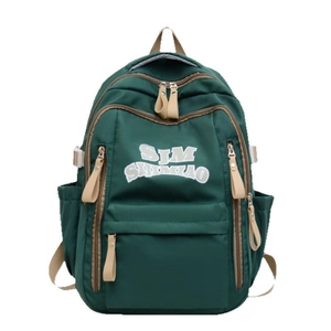 Minimalist green nylon backpack with SJM printing and beige straps for daily commute