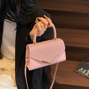 Women Fashion PU Leather Sequin Small Square Bag Elegant Metal V-Trim Handbag Daily Party Crossbody Shoulder Bag