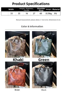 Detailed view showing vintage PU tote bag color options and size specification chart