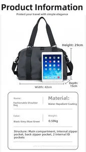 Dimensioni dettagliate della borsa da viaggio grigia impermeabile con iPad per scala