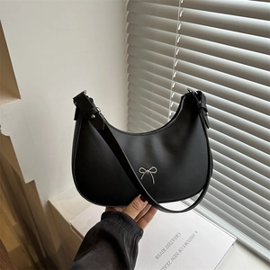 Fashion Women PU Leather Hobo Underarm Bag With Silver Bow Metal Decor Crescent Shoulder Handbag Versatile Dumpling Bag
