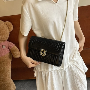 Chic black quilted crossbody bag for women with gold chain strap and elegant metal clasp