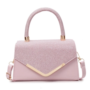 Pink rhinestone handbag with gold metal trim and V-shaped envelope flap for women