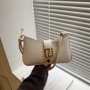 Chic beige crossbody square bag with gold geometric lock and woven strap detail