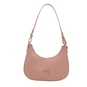 Pink crescent shoulder bag with silver bow charm and adjustable strap on white background