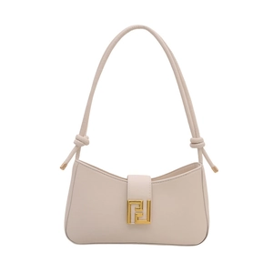 Chic cream white faux leather baguette bag with gold metal buckle and knotted strap