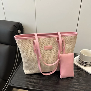 Women Large Capacity Straw Woven Tote Bag Set With PU Leather Pouch Casual Contrast Color Shoulder Bag Summer Beach Travel Handbag