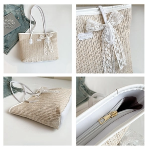 Détails du sac cabas en paille avec nœud en dentelle, étiquette, fond et fermeture éclair