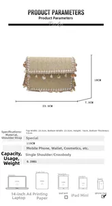 Detail view of woven straw bag with shell charm and fringe showing dimensions and specs