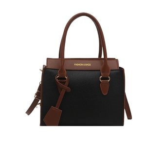 Minimalist large capacity contrast color tote bag in black and brown pebble leather