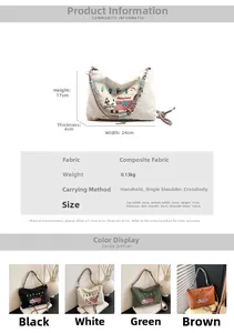 Detailed dimensions and color options of the cat embroidery canvas crossbody bag
