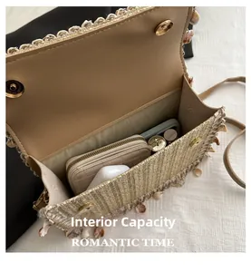 Detailed top view of beige straw bag interior showing capacity for phone and wallet