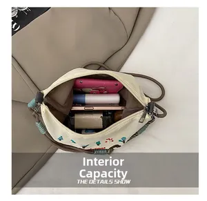 Detail view of the large capacity canvas bag showing internal storage space for essentials
