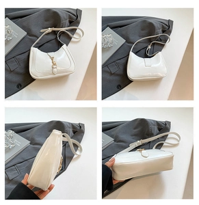 Detail view showing four angles of a white glossy patent leather hobo bag with gold buckle