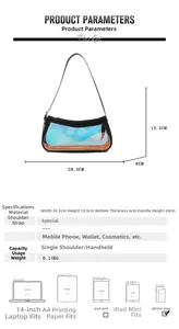 Detailed size specifications for the clear shoulder bag with 28.5cm width and 13.5cm height