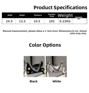 Detailed size chart for floral baguette bag with dimensions and material specifications