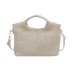Grand sac cabas en paille tissée beige avec anses en cuir blanc pour la plage et les loisirs