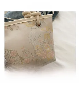 Close-up of floral embroidery detail on white fabric bucket bag with tassel accent
