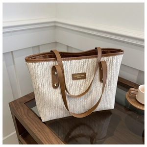 Women Large Capacity Straw Woven Tote Bag Summer Beach Shoulder Bag With Synthetic Leather Handle Rivet Fashion Handbag