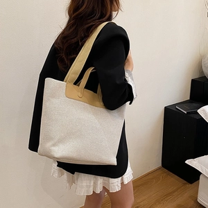 Large Capacity Canvas Tote Bag For Women Minimalist Contrast Patchwork Shoulder Bag Casual Commuter School Handbag With Zipper