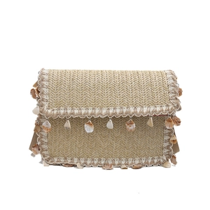 Women's woven straw square crossbody bag with shell pendants for beach vacation style