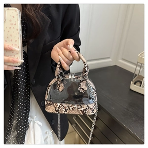 Détail du mini sac coquillage serpent avec panneaux en PVC transparent et chaîne argentée