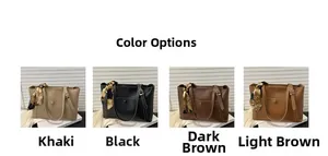 Collection of large PU tote bags in khaki, black, and brown with decorative scarves