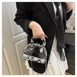 Detail der Schlangenhaut-Muscheltasche mit transparentem Panel und silberner Kette