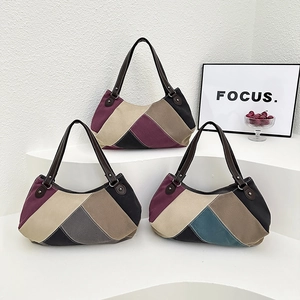 Vintage Damen Colorblock Segeltuch Umhängetasche Große Kapazität Patchwork Geometrische Tote Handtasche Retro Casual Alltag Reisen