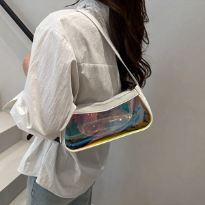 Detailed holographic transparent underarm bag with white synthetic leather trim on models shoulder
